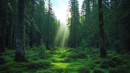 Obraz premium Sunlit Green Forest with Mossy Undergrowth