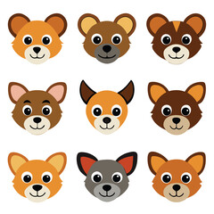 Fototapeta premium Funny baby animal faces vector icon set of cat, dog, pig, fox, rabbit, lion, panda, cow, tiger, and bear head illustrations for a fun zoo collection