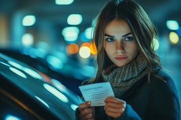 Sad shocked woman driver looking at parking ticket or fine, standing near her car at underground parking area. Violation of traffic rules