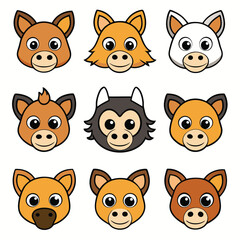 Fototapeta premium Funny cartoon animal head icons: a cute vector collection of cat, dog, bear, fox, pig, rabbit, lion, and tiger characters