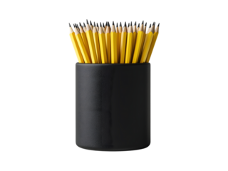 Minimalist black pencil holder filled with sharpened yellow pencils