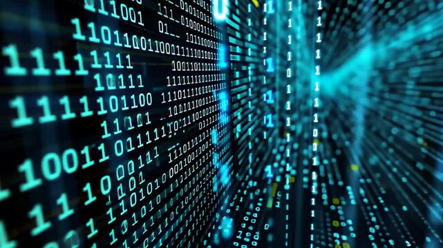 A dynamic visualization of digital data streams filled with binary code, illuminated in bright blue hues, creating a sense of depth and technology in a virtual environment.