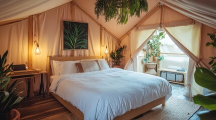 Cozy canvas bedroom with plants, tranquil interior