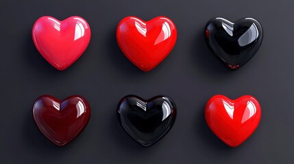 Fototapeta premium Six Glossy Hearts in Red and Black on Dark Gray