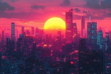 Obraz premium A vibrant cityscape bathed in the warm glow of sunset light