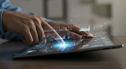 Close-up Hands Interacting with Holographic Data on Tablet