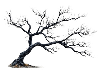 Twisted black tree with skeletal gnarled branches