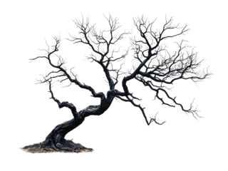 Twisted barren tree with skeletal branches and rough bark texture