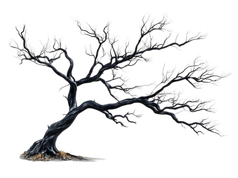 Twisted black tree with skeletal gnarled branches