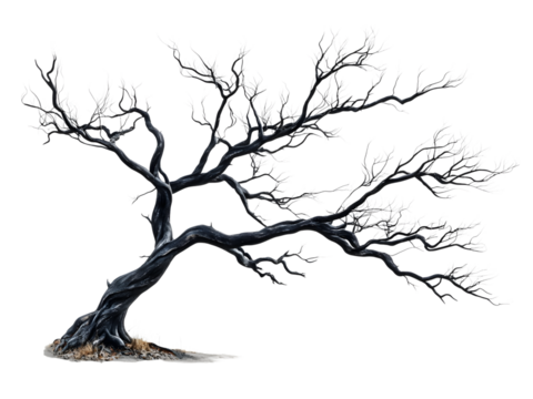 Twisted black tree with skeletal gnarled branches