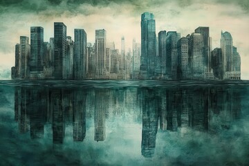 Obraz premium Submerged Metropolis Apocalyptic Cityscape Reflection.