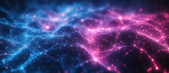 Abstract digital landscape, glowing particles, dark background, tech concept
