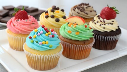 Assorted gourmet cupcakes with colorful frosting  
