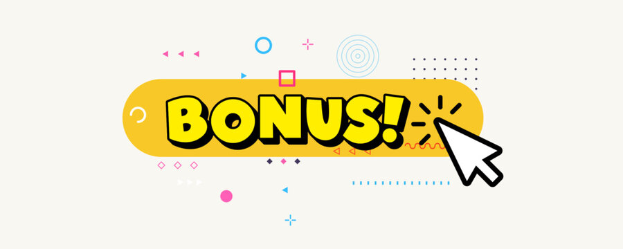 Playful comic bonus button with cursor click elements in Memphis style. Eye-catching, energetic design. Ideal for banners, games, app CTA. Flat vector illustration