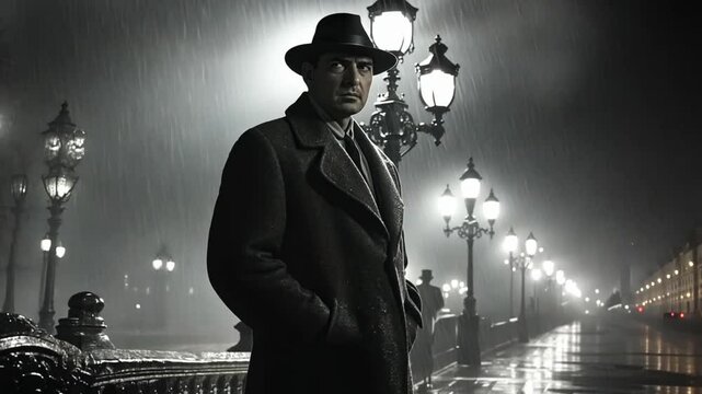 Rainy night, man in trench coat, city street, film noir style, urban scene, possible use for movie poster or print