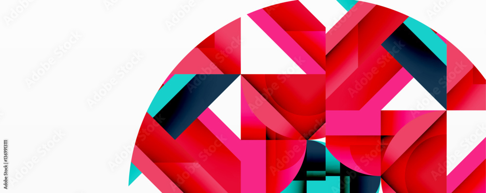 Poster Abstract geometric composition with interlocking circular and angular shapes, featuring smooth gradients and sharp contrasts on a white background