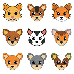 Fototapeta premium Cute funny cartoon animal heads collection with pet cat, dog, fox, bear, pig, rabbit, cow, and tiger character illustrations