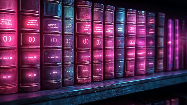 Vibrant library with glowing books on shelves blends technology and knowledge, creating captivating atmosphere of imagination.