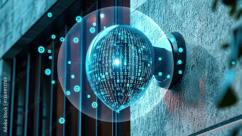 Aufkleber futuristic security camera featuring binary code streams data, enhancing building protection with ad