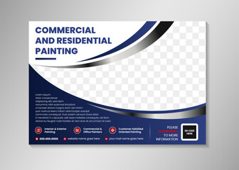 commercial and residential painting flyer design on horizontal layout banner with space for photo. combination of black and white gradient colors element on blue gradient background template.