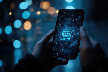 Online shopping experience on a smartphone.  Hands holding a phone with a shopping cart icon overlaid with digital data
