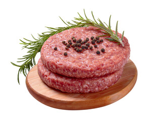 Raw Burger Patties: A mouthwatering duo of fresh raw burger patties, elegantly presented on a wooden board, adorned with aromatic rosemary and peppercorns. A culinary masterpiece.