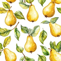 Obraz premium Seamless Watercolor Pattern with Pear Fruits and Leaves