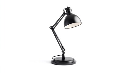 Black adjustable desk lamp on white background.