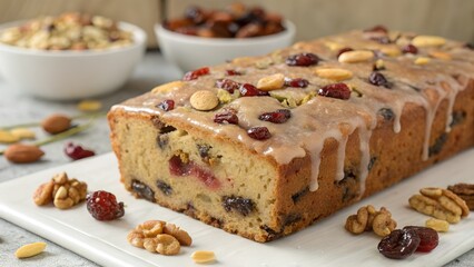 Fruit and nut loaf cake with icing drizzle  
