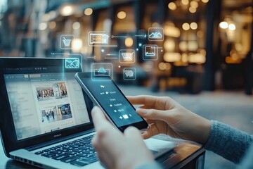 Modern digital commerce. Hands use laptop and tablet, showing online shopping and business apps