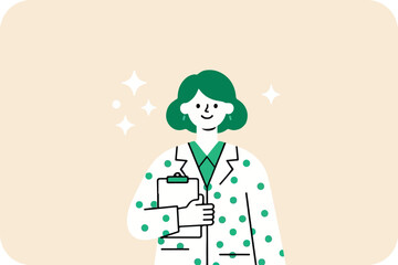 Smiling Medical Professional Illustration: Woman with Clipboard and Sparkle Accents, Depicting Healthcare and Care