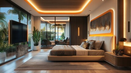 Modern Bedroom with Ocean View; Interior Design; Luxury Home; Architectural Visualization; Photorealistic Rendering