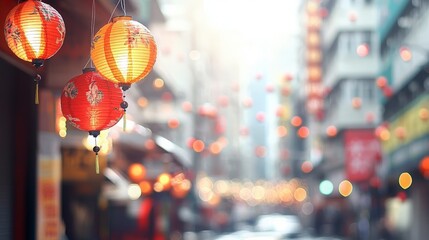 Naklejka premium Festive Chinese Lanterns Hanging in Blurred City Street.
