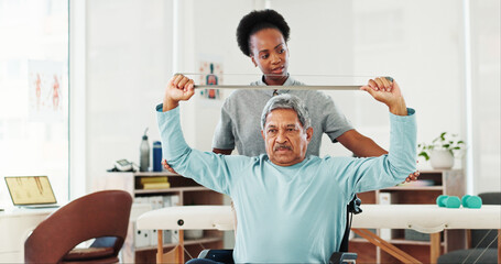 Resistance band, physiotherapy and senior man in clinic for consultation with muscle recovery. Injury, healthcare and woman physical therapist for helping mature person with stretching arm exercise