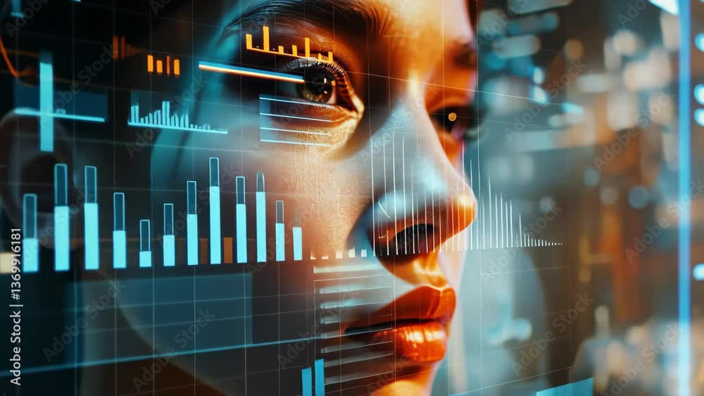 Poster the woman's face is highlighted by glowing digital patterns and data streams, creating a dynamic and