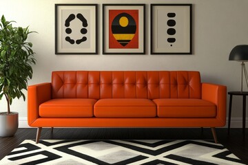Modern orange couch in living room with abstract art