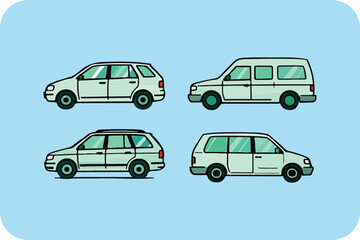 Fototapeta premium Four Car Styles Illustration: Variety of Vehicle Types in Simple Line Art on Blue Background