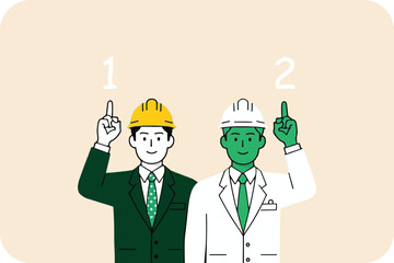 Dual Choice Illustration: Two Men Pointing Upward, Numbered Options, Depicting Decision Making