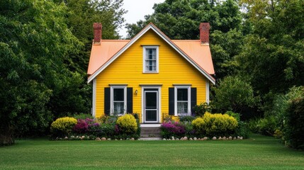 Charming Yellow House Surrounded by Greenery and Colorful Flowers