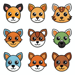 Fototapeta premium Funny cartoon animal head icons: a cute vector collection of cats, dogs, pigs, bears, and rabbits