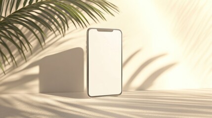 Smartphone mockup, minimal, sunlit, palm leaf