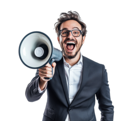 A happy man wearing suit and holding a megaphone, announcing a special discount on transparent background