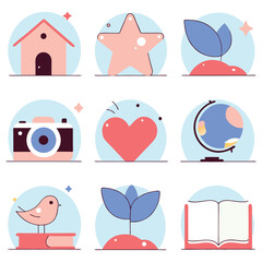 Fototapeta premium A vibrant set of vector icons designed for children, featuring playful symbols like hearts, stars, and flowers, perfect for web and holiday concepts
