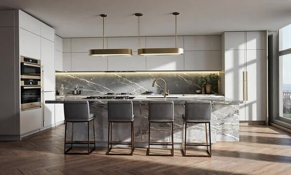 Interior Design Featuring Modern Kitchen with Marble Countertop and Bar Stools