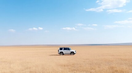 White SUV traversing a vast golden field under a clear blue sky