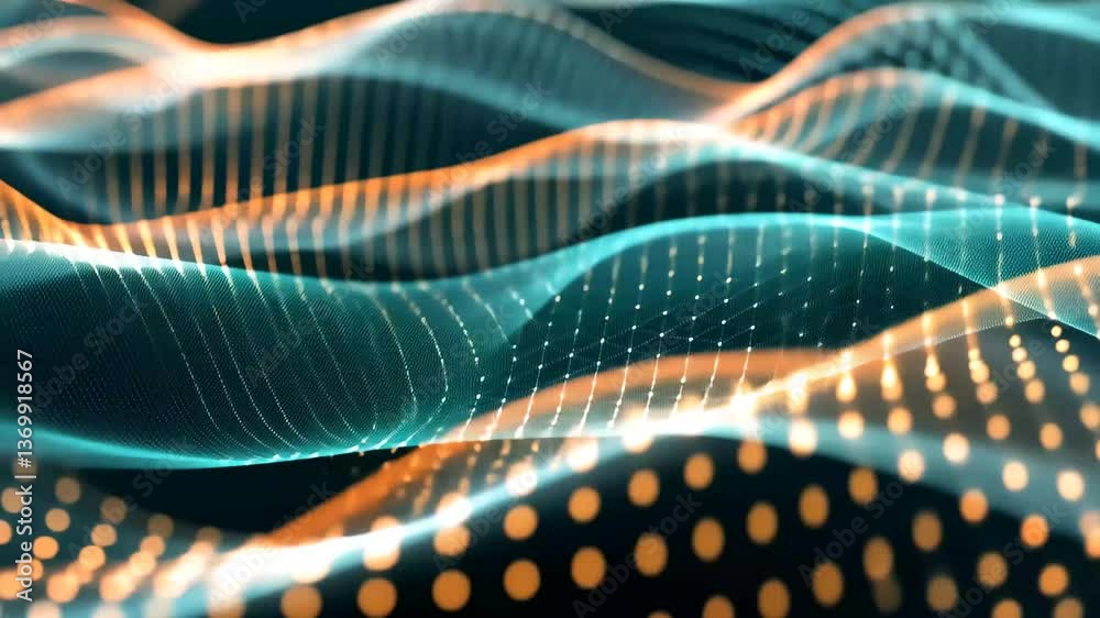 Poster flowing waves are created through a digital medium, featuring intricate patterns of glowing dots and