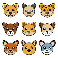 Fototapeta premium Funny cartoon animal faces collection featuring vector icons of pets like cats, dogs, bears, pigs, rabbits, and pandas