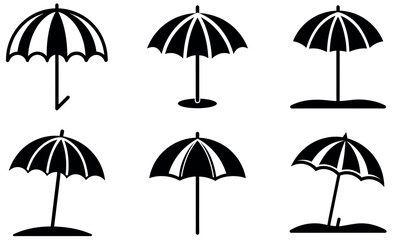 black and white beach umbrella silhouettes, perfect for representing summer, relaxation, and vacation.