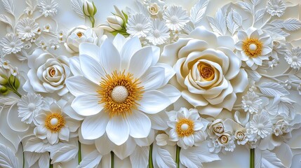 Ornate white flower wallpaper with 3D sculpted petals, creating a classic and elegant floral background.