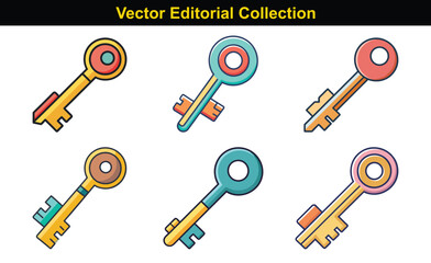 Vector Collection of Colorful Key Illustrations, A set of vector illustrations showcasing various colorful key designs with different shapes and styles.
